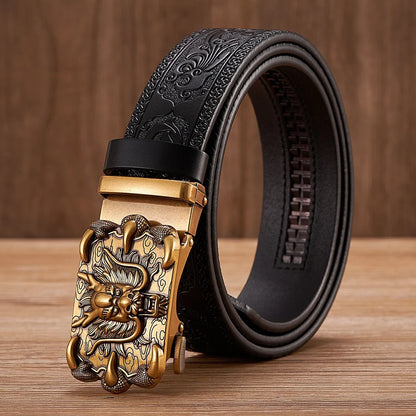 3.5cm Fashion Embossing Retro Male Belts for Men Business Split Leather Belt Dragon Pattern Automatic Buckle Strap