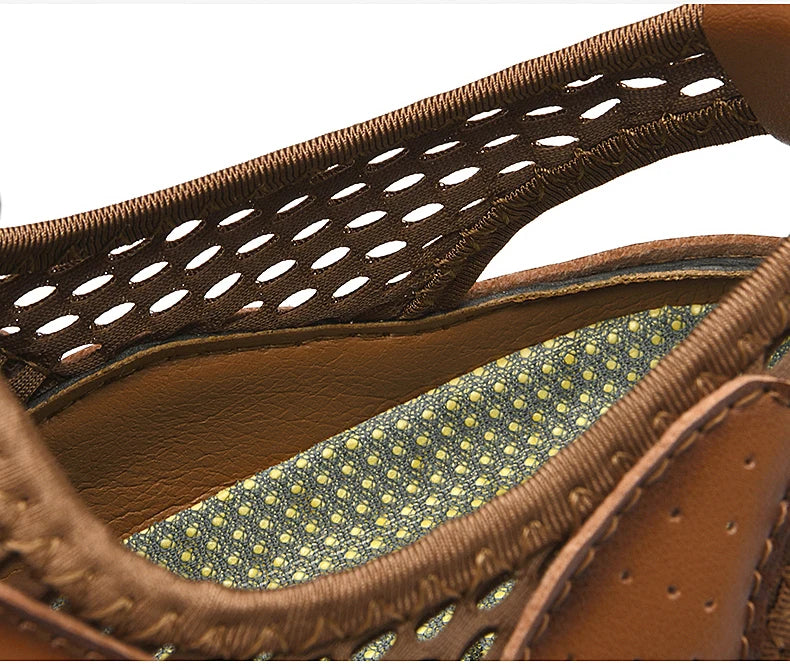 Summer Sandals Breathable Men Shoes Leather & Mesh Outdoor Men Sandals Antiskid Beach Sandals Hollow Flats Footwear Handmade New