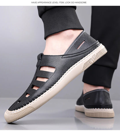 Outdoor Men Summer Sandals Breathable Hollow Leisure Anti Slip Leather Beach Shoes Fashionable Man Comfortable Hole Shoes