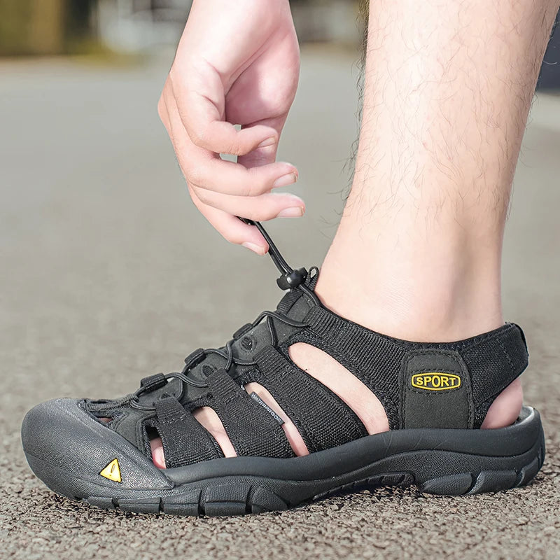 Outdoor Summer Men Sandals Leather Mens Casual Shoes Non-Slip Male Beach Shoes Anti-collision Toe Roman Flats Flip-flops 38-48