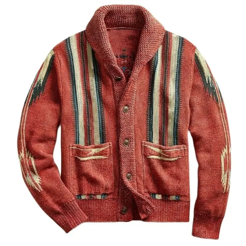 Autumn Winter New Men's Vintage Jacquard Sleeve Lapel Knit Sweater