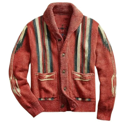 Autumn Winter New Men's Vintage Jacquard Sleeve Lapel Knit Sweater