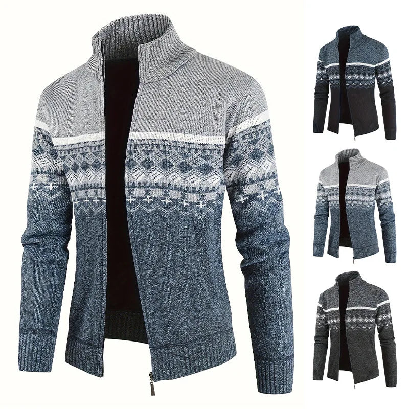 Men's Zip Up Fair Isle Cardigan Sweater Warm Knit Jacquard Stand Collar Casual Winter Pullover with Thermal Lining