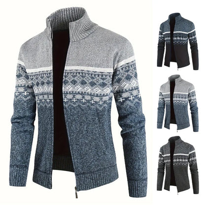Men's Zip Up Fair Isle Cardigan Sweater Warm Knit Jacquard Stand Collar Casual Winter Pullover with Thermal Lining