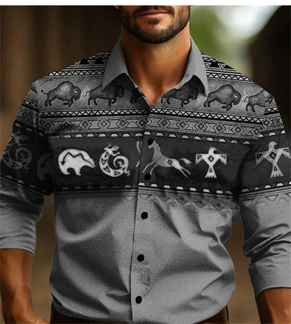 Men's Western Shirt Vintage Pattern Lapel Long Sleeve Button Print Top Fashion Streetwear Designer Western Style