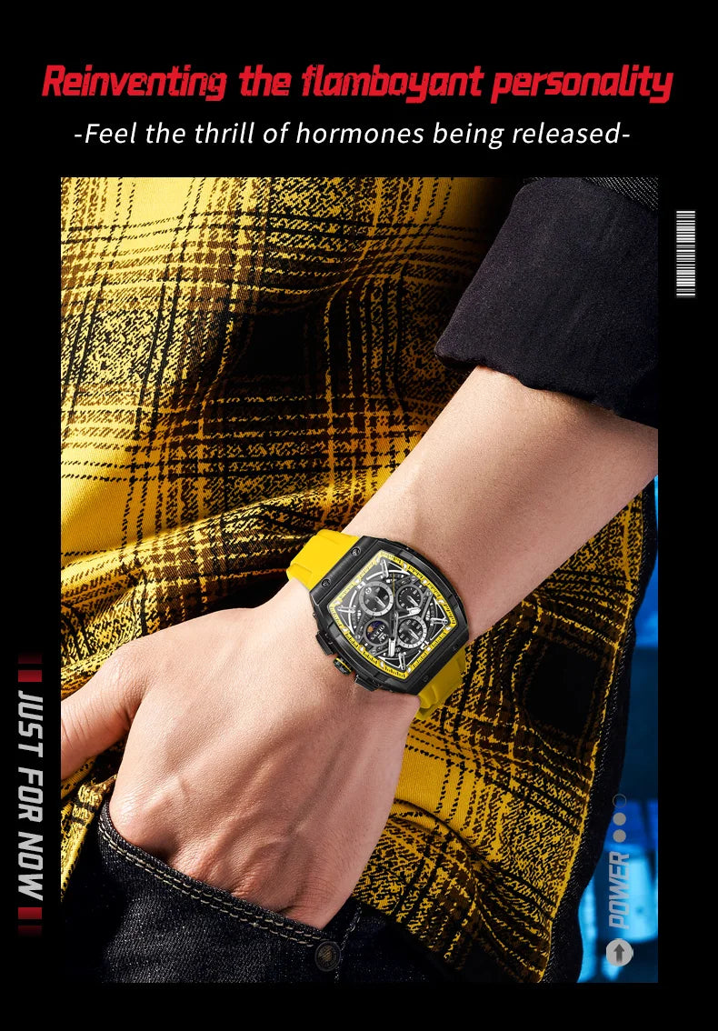 OLEVS 2975 Men's Watches Hollowed Quartz Wristwatch Silicone Strap Tonneau Large Dial Design Waterproof Luminous Watch for Men