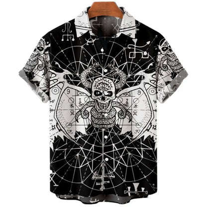 Summer New Retro Men's Shirt Devil Horror Skull Short Sleeve Shirt Collar 3D Printing