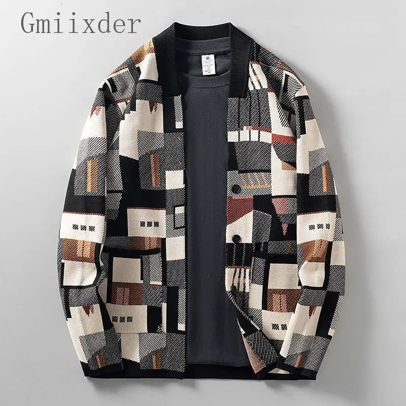 Geometric Oil Painting Camouflage Irregular Cardigan Sweater Men's Plus Size Widened Autumn New Outer Wear Jacket Top Preppy