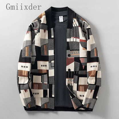 Geometric Oil Painting Camouflage Irregular Cardigan Sweater Men's Plus Size Widened Autumn New Outer Wear Jacket Top Preppy