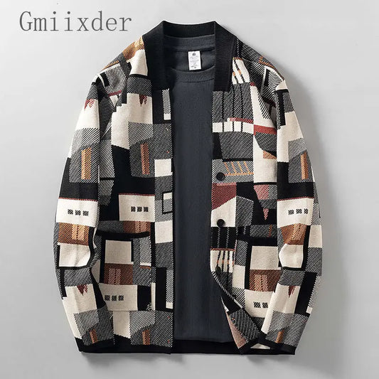 Geometric Oil Painting Camouflage Irregular Cardigan Sweater Men's Plus Size Widened Autumn New Outer Wear Jacket Top Preppy