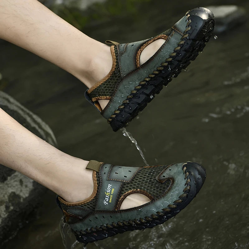 Summer Sandals Breathable Men Shoes Leather & Mesh Outdoor Men Sandals Antiskid Beach Sandals Hollow Flats Footwear Handmade New