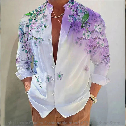 New men's shirt long-sleeved shirt 3D printing flower pattern long-sleeved standing clothing fashion casual XS-6XL soft fabric