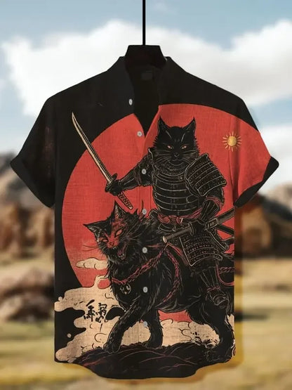 Men's Edo Cat Samurai Warrior Japanese Art Anime Shirts 3D Print Casual Hawaiian Shirts Summer Men Women Short Sleeve Blouse Top