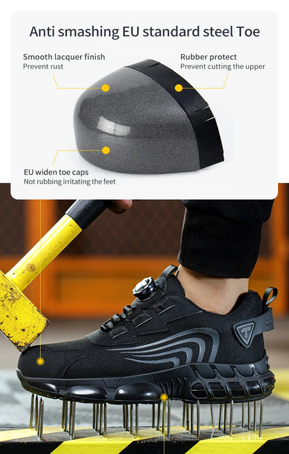 Rotary Button New Safety Shoes Men's Anti-Smash Anti-Puncture Work Shoes Fashion Men's Sneakers Safety Boots