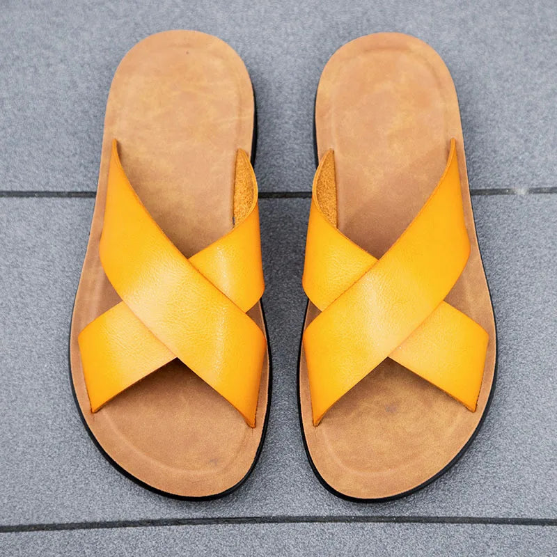 New Arrivals Italian Leather Slippers for Men Summer Hotel Beach High Quality Slip on Light Flats Male Flip Flops Big Size 38-47