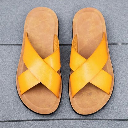 New Arrivals Italian Leather Slippers for Men Summer Hotel Beach High Quality Slip on Light Flats Male Flip Flops Big Size 38-47