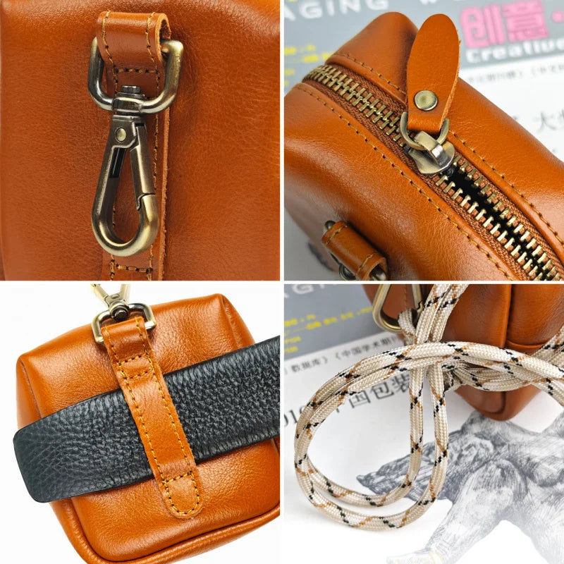 Men's Coin Purse, Genuine Leather Mini Coin Wallet Zipper Pocket with Back Belt Loop Lanyard, Lightweight Keychain Pouch for Men
