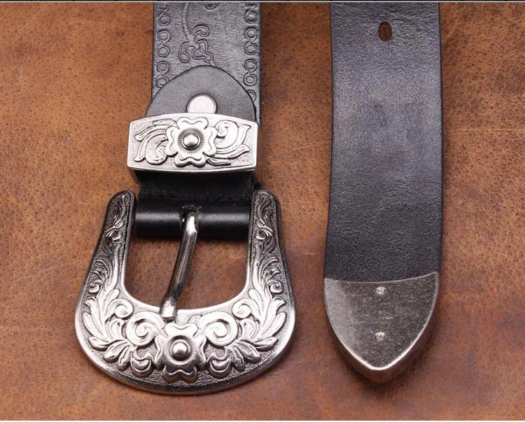 High Quality Court Style Embossed Western Cowboy Steel Buckle Belt Genuine Leather Designer Men Belt Punk Jeans Belts For Men