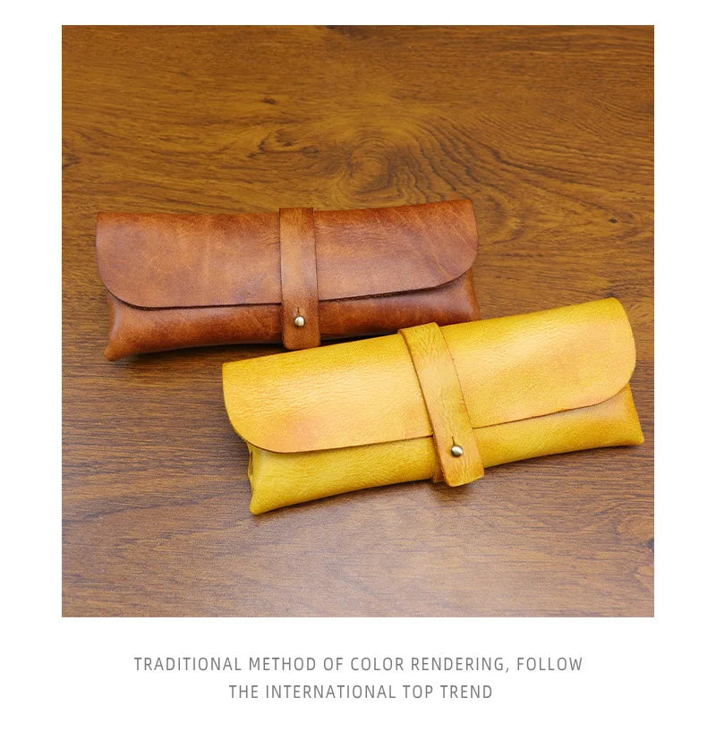 Genuine Leather Men Pencil Bag Handmade Wallet Large Capacity Retro Glasses Storage Bag Stationery Pencil Case Unisex Purses