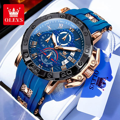OLEVS 51mm Large Dial Quartz Watch for Men Silicone Strap Waterproof Luminous Auto Date Chrono Roman Numeral Scale Men's Watches