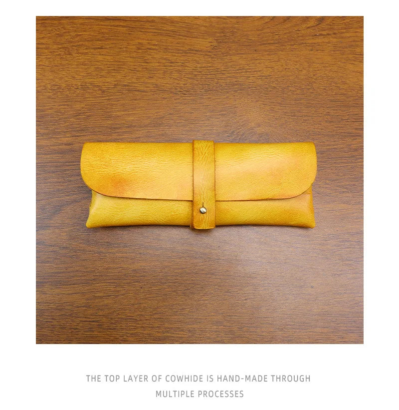 Genuine Leather Men Pencil Bag Handmade Wallet Large Capacity Retro Glasses Storage Bag Stationery Pencil Case Unisex Purses