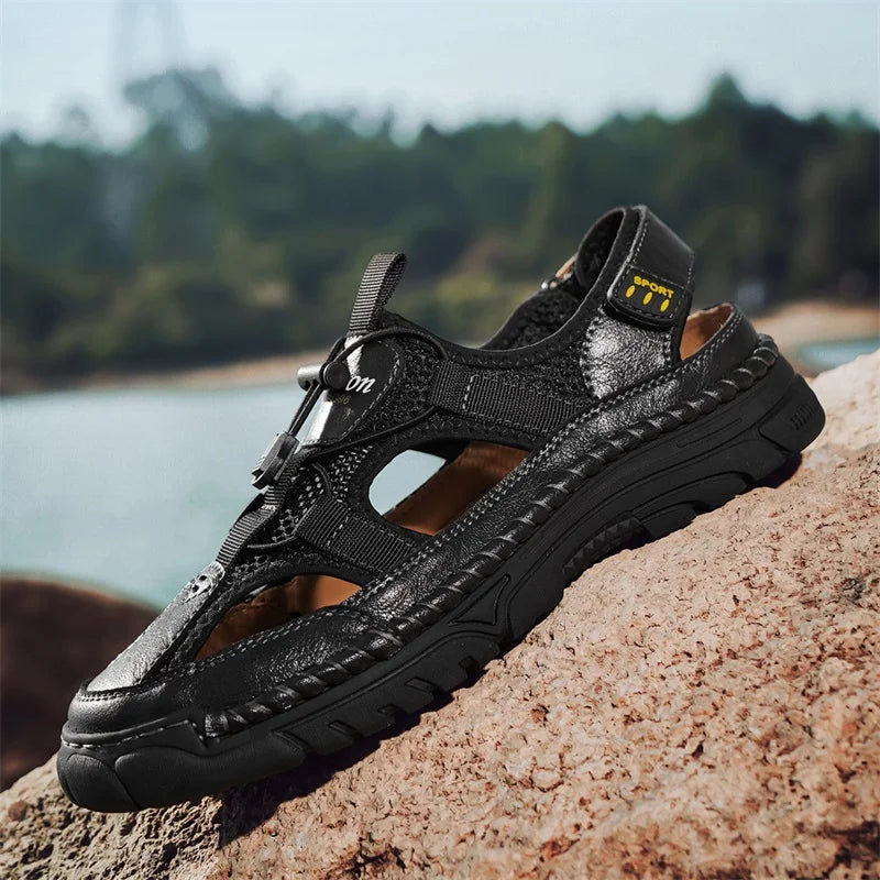 Men's Handmade Simple Letter-Print Sandals, Summer Beach Hollow Sandals, Fashionable Velcro Men's Shoes, Outdoor Hiking and River-Tracing Shoes, Comfortable, Breathable, Wear-Resistant, Non-Slip, Large Size Men's Shoes