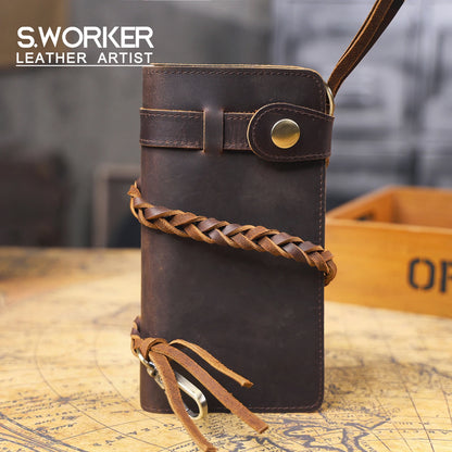 S.WORKER Vintage Crazy Horse Leather Wallet Handmade Men's Genuine Leather Long Wallet Pocket Purse Clutch Cash Card Holder