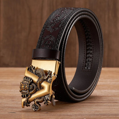 3.5cm Fashion Embossing Retro Male Belts for Men Business Split Leather Belt Dragon Pattern Automatic Buckle Strap