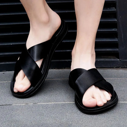 New Arrivals Italian Leather Slippers for Men Summer Hotel Beach High Quality Slip on Light Flats Male Flip Flops Big Size 38-47
