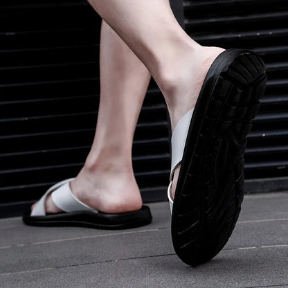 New Arrivals Italian Leather Slippers for Men Summer Hotel Beach High Quality Slip on Light Flats Male Flip Flops Big Size 38-47