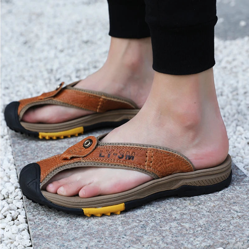 Genuine Cow Leather Shoes Men Sandals Flip Flops Men's Casual Shoes Classic Massage Men Beach Slippers Anti-slip Summer 2025 New