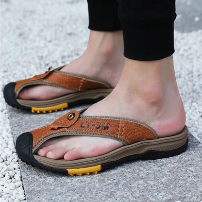 Genuine Cow Leather Shoes Men Sandals Flip Flops Men's Casual Shoes Classic Massage Men Beach Slippers Anti-slip Summer 2025 New