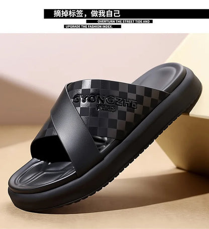 Summer New Fashion Outside Wear Slippers for Men Business Casual Black Leisure Genuine Leather Beach Shoes Slippers Man
