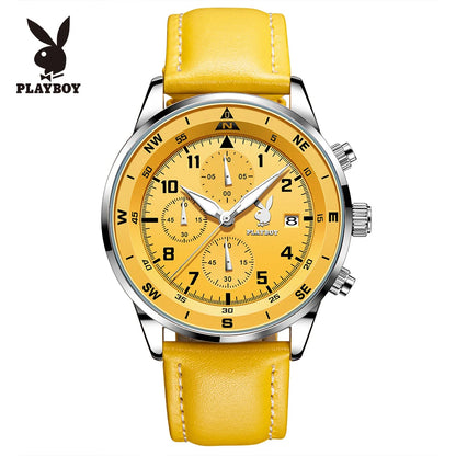 PLAYBOY Luxury Quartz Men's Watches Fashion Casual Leather Strap Sports Chronograph Wristwatch Original Waterproof Watches 3303