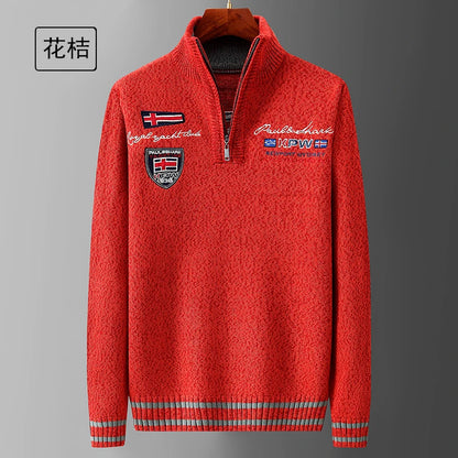 White Sweater Male Knitwear Shark Clothing Cotton Wool Jumpers Pullover Coats Jacquard Christmas Knitted Half Turtleneck Zip