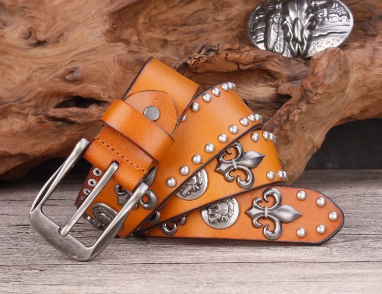 High Quality Metal Rivet Cowboy Belt Top Grain Genuine Leather Cowskin Men Belt Punk Rivet Jeans Belts For Men
