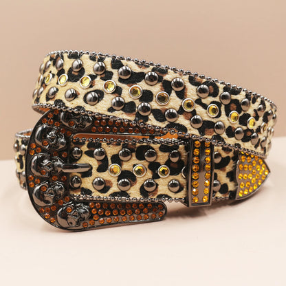 Punk Skull Leopard Rhinestones Belt Diamond Bling Men Western Cowgirl Cowboy Luxury Strap Studded Belts
