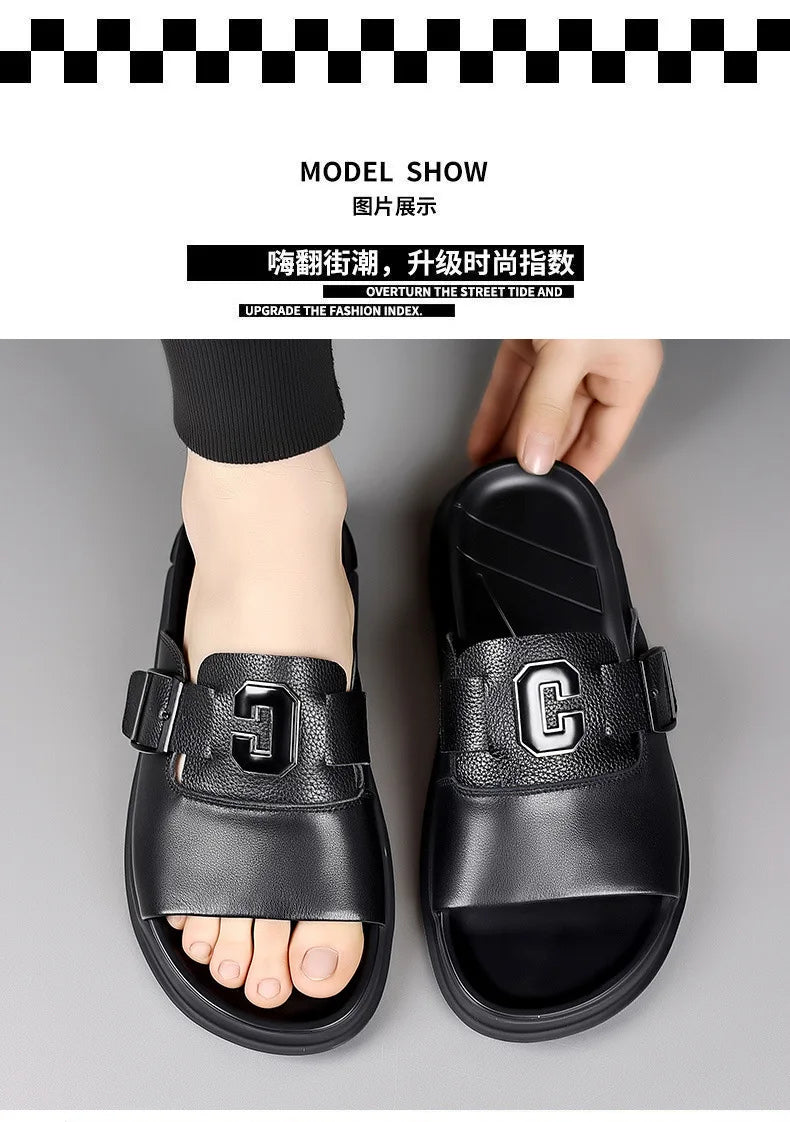 Men Outwear Genuine Leather Slippers for Men Fashion Buckle Designer Summer Flip-flops Male Casual Non-slip Beach Shoes Man