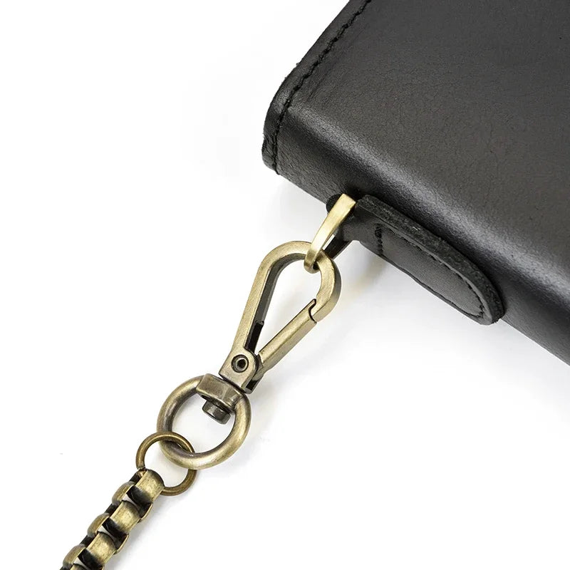 Men's Genuine Leather Wallet Chain Snap Bifold Purse Crazy Horse Leather Card Case Phone Card Holder Clutch Dragon Wallet