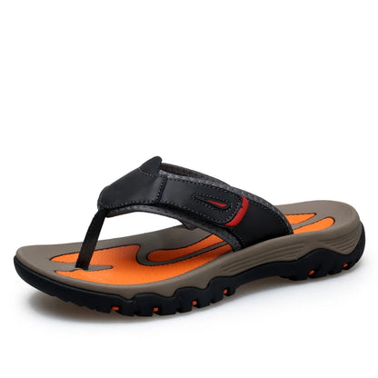 Men Sport Thong Slippers Genuine Leather Upper Adjustable Hook Loop Shock Absorb Anti Slip MD Sole Daily Beach Casual Flip Flops