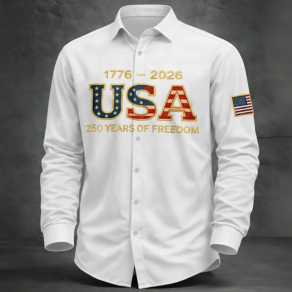 Men's Shirt Us Flag Freedom 250th Anniversary Trendy Retro 3D Print Top Autumn Long Sleeved Button up Spring Fall Holiday Shirts