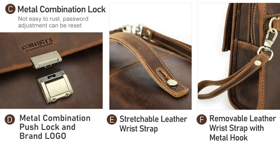CONTACT'S Genuine Leather Clutch Bags Men Password Retro Wrist Strap Handbag iPad Travel Business Fitness Clutch Wallet