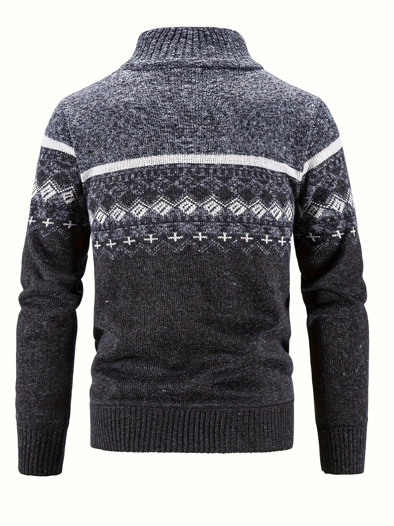 Men's Zip Up Fair Isle Cardigan Sweater Warm Knit Jacquard Stand Collar Casual Winter Pullover with Thermal Lining