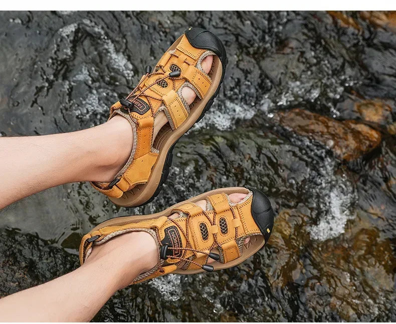 2026 New Men's Sandals Handmade Thick Bottom Rubber Breathable Casual Slip-On Beach Shoes Leather Upgraded Version