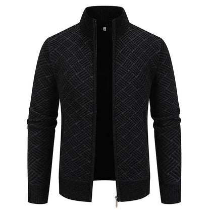 Mens Sweaters Jacket Full Zip Fleeced Sweater Cardigan Plaid Stand Collar Sweaters Coat Autumn Winter Homme Clothes
