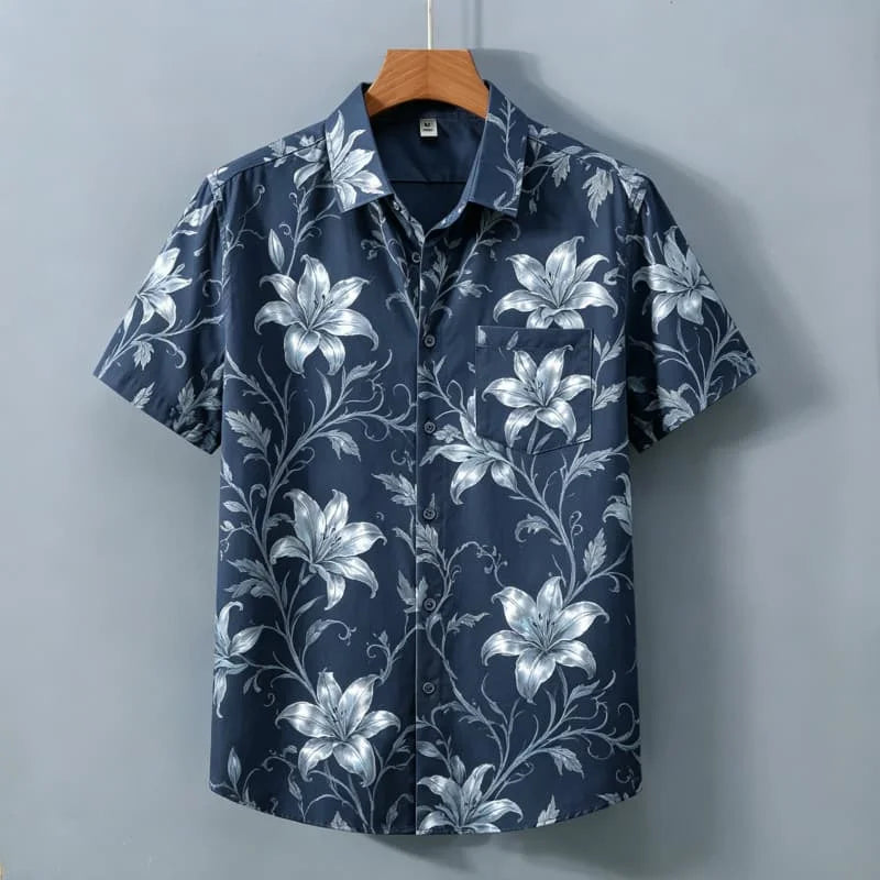 Men's Retro Floral Printed Short Sleeved Shirt With pockets, Elegant Retro style, For commuting, Light vacations, Dates