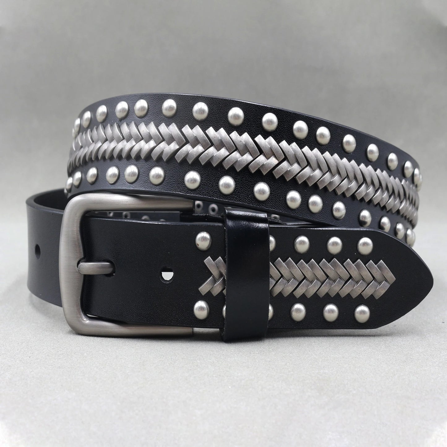 Metal Rivet Cowboy Belt Genuine Leather Cowskin Men Belt Punk Rivet Jeans Belts For Men Ceinture Homme Cinturones Hombre