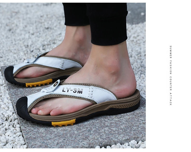 Genuine Cow Leather Shoes Men Sandals Flip Flops Men's Casual Shoes Classic Massage Men Beach Slippers Anti-slip Summer 2025 New