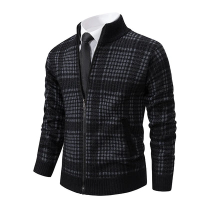 Mens Sweaters Jacket Full Zip Fleeced Sweater Cardigan Plaid Stand Collar Sweaters Coat Autumn Winter Homme Clothes