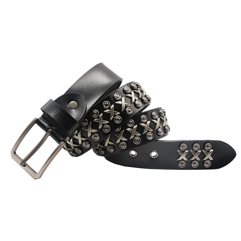 Men Belt Punk Rivet Jeans Belts For WOMEN  NEW Metal Rivet Cowboy Belt Genuine Leather Cowskin